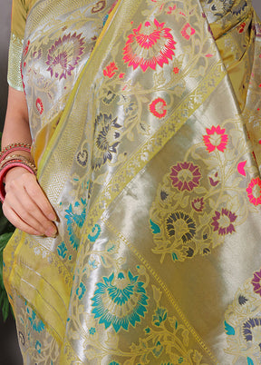 Mehendi Banarasi Silk Saree With Blouse Piece