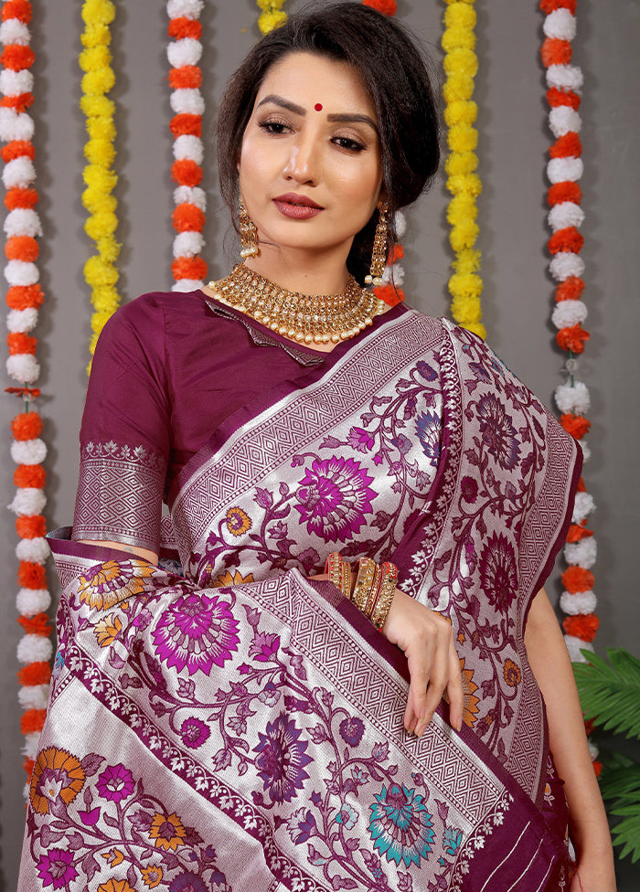 Wine Banarasi Silk Saree With Blouse Piece