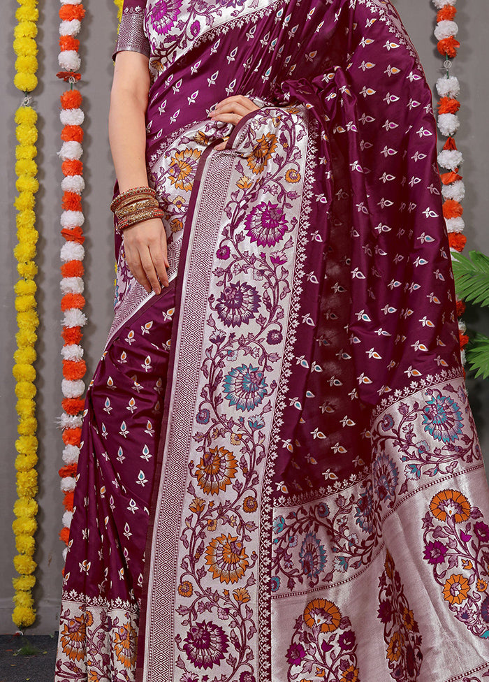 Wine Banarasi Silk Saree With Blouse Piece