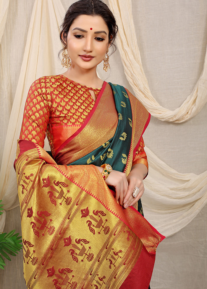 Bottle Green Banarasi Silk Saree With Blouse Piece