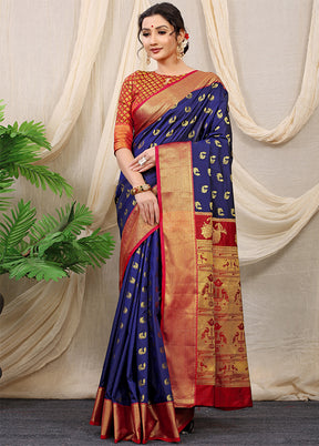 Navy Blue Banarasi Silk Saree With Blouse Piece