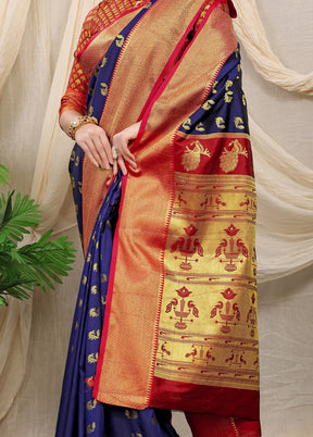 Navy Blue Banarasi Silk Saree With Blouse Piece