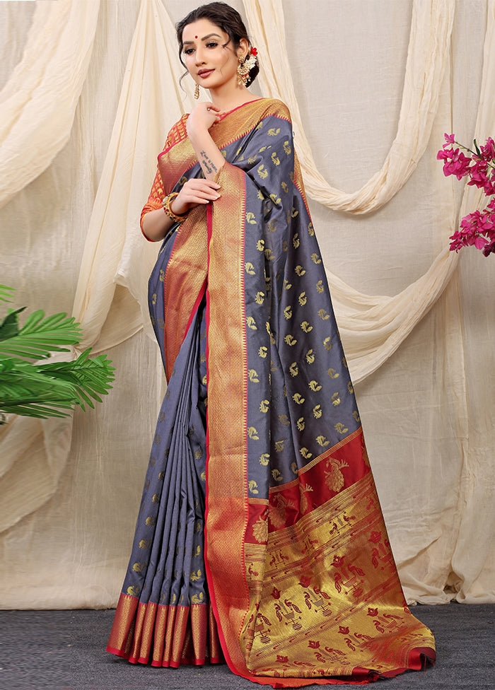 Grey Banarasi Silk Saree With Blouse Piece