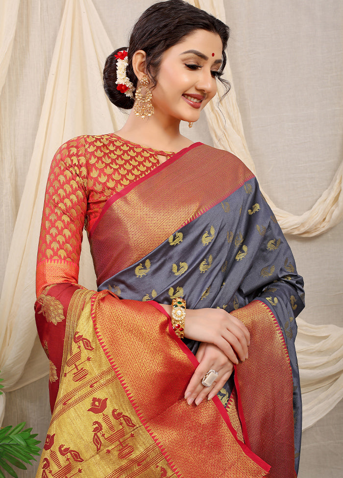 Grey Banarasi Silk Saree With Blouse Piece