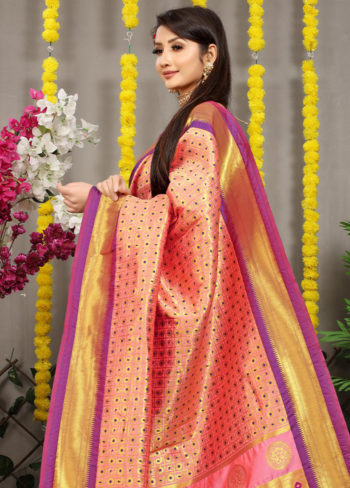 Baby Pink Banarasi Silk Saree With Blouse Piece