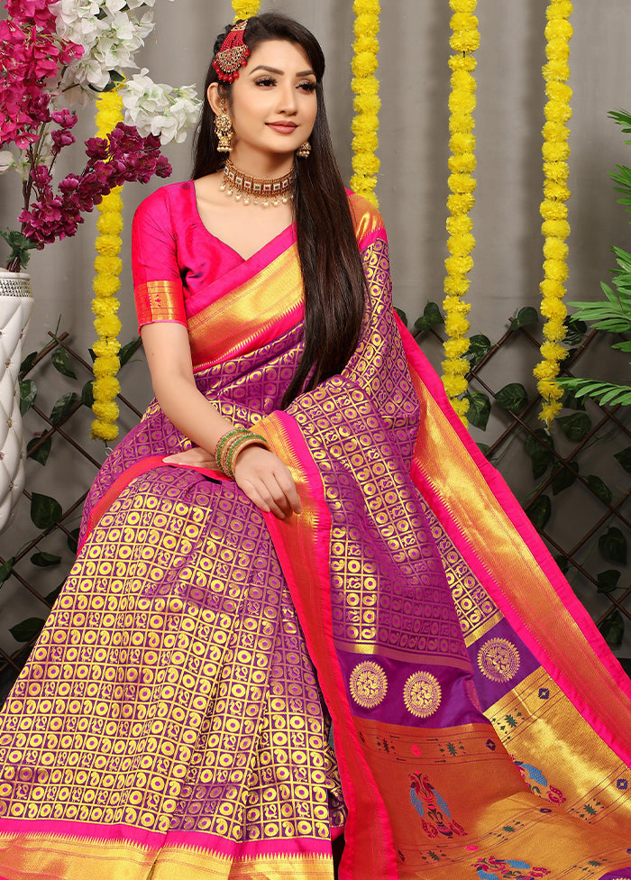 Purple Banarasi Silk Saree With Blouse Piece