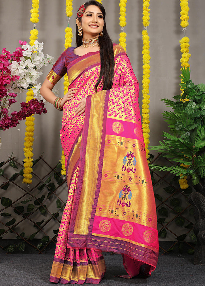 Pink Banarasi Silk Saree With Blouse Piece