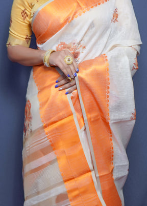 Orange Linen Silk Saree With Blouse Piece