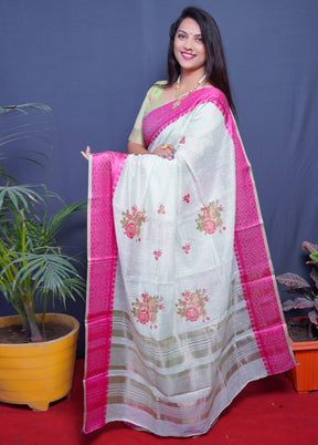 Pink Linen Silk Saree With Blouse Piece