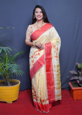 Red Linen Silk Saree With Blouse Piece