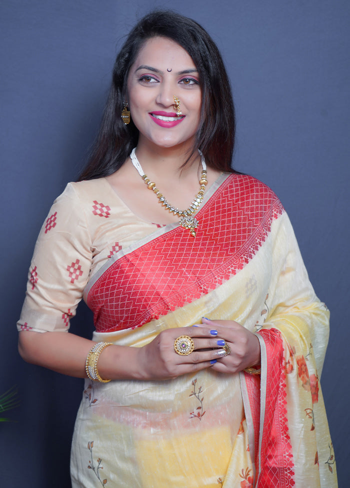 Red Linen Silk Saree With Blouse Piece