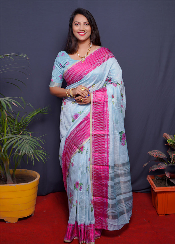 Pink Linen Silk Saree With Blouse Piece