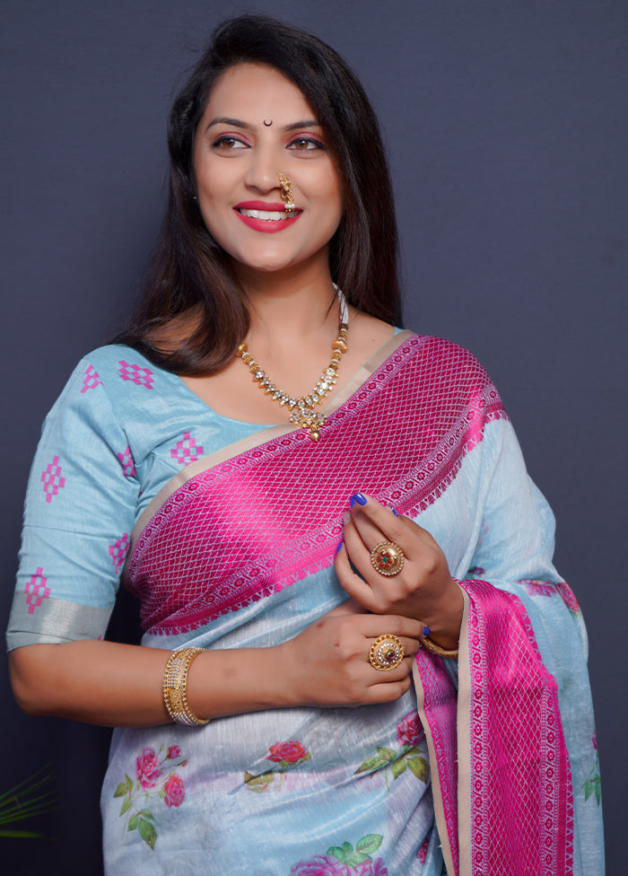 Pink Linen Silk Saree With Blouse Piece