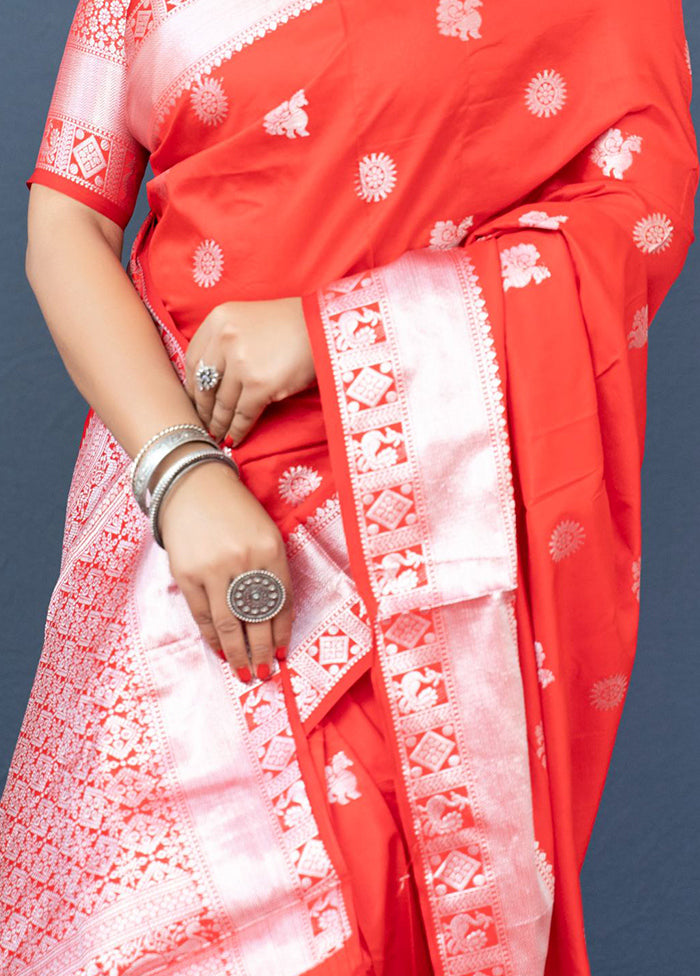 Red Banarasi Silk Saree With Blouse Piece