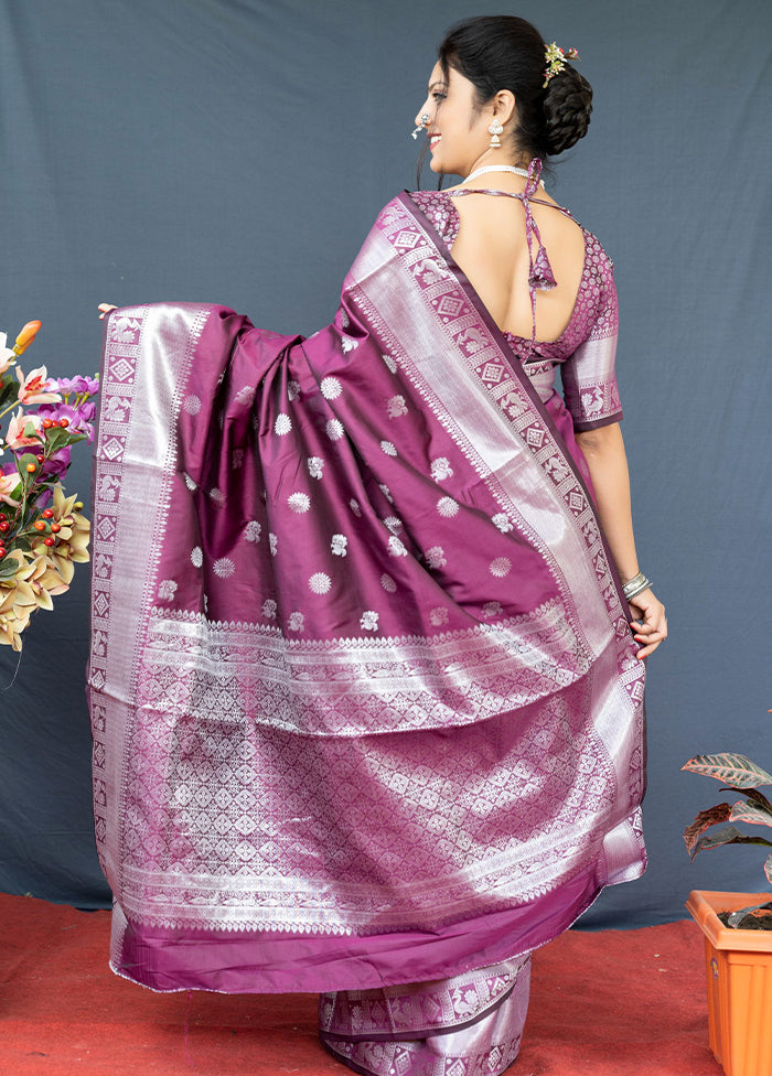 Wine Banarasi Silk Saree With Blouse Piece