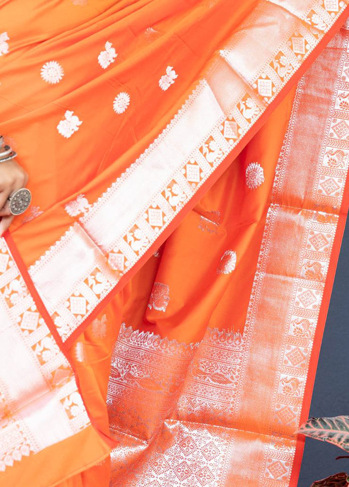 Orange Banarasi Silk Saree With Blouse Piece