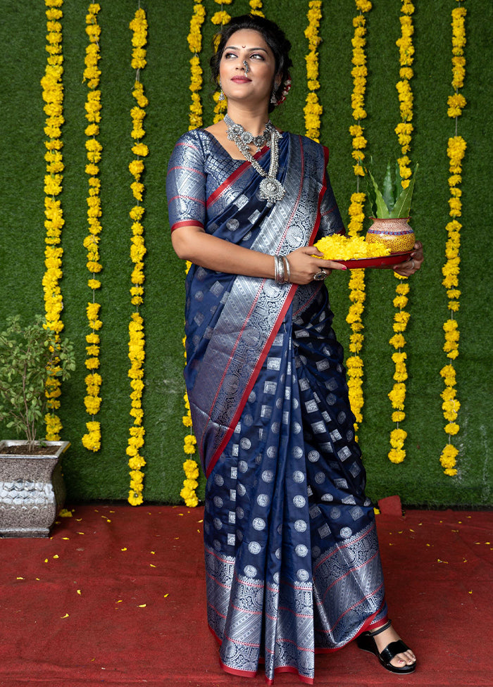 Navy Blue Dupion Silk Saree With Blouse Piece