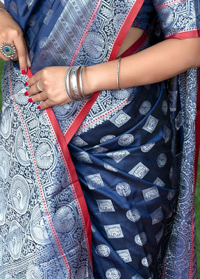 Navy Blue Dupion Silk Saree With Blouse Piece