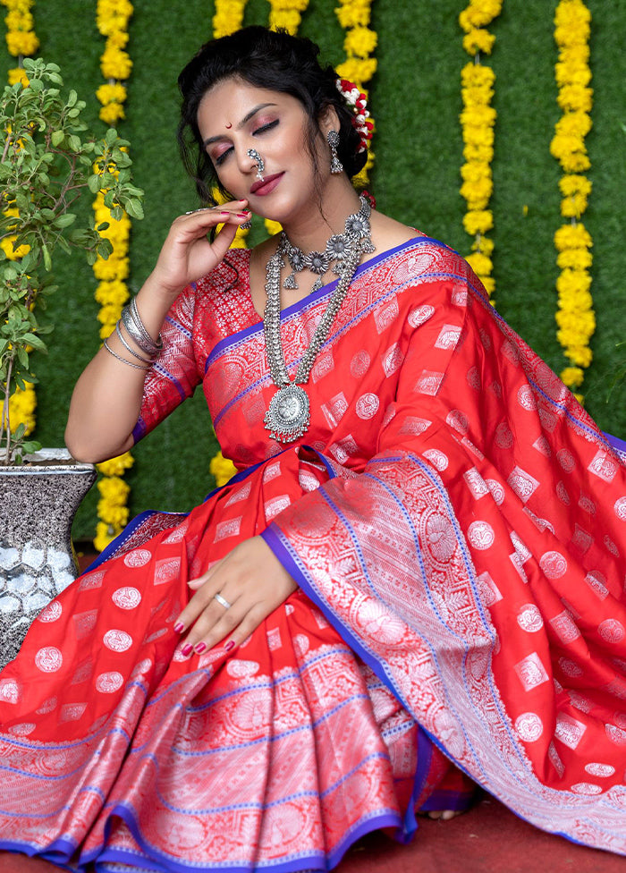 Red Dupion Silk Saree With Blouse Piece