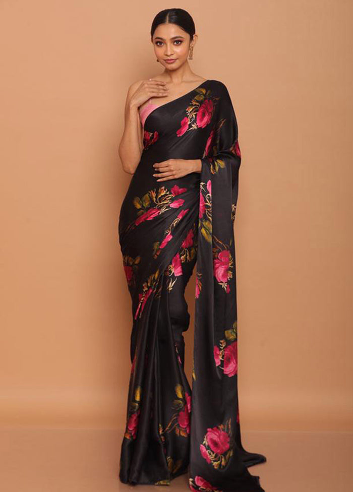 Black Pure Satin Silk Saree With Blouse Piece - Indian Silk House Agencies