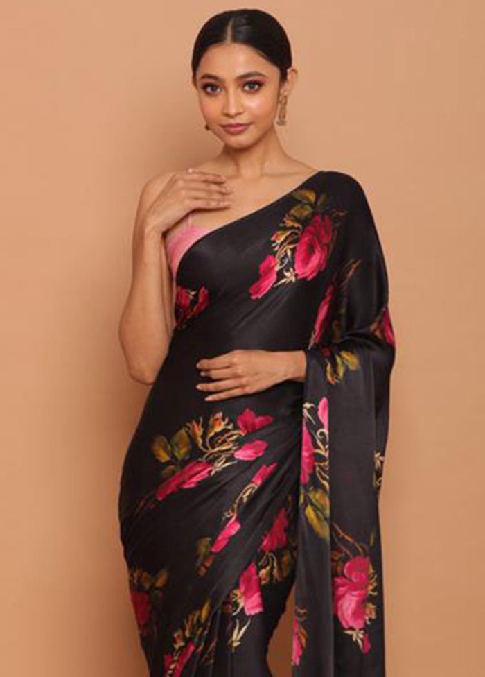 Black Pure Satin Silk Saree With Blouse Piece - Indian Silk House Agencies