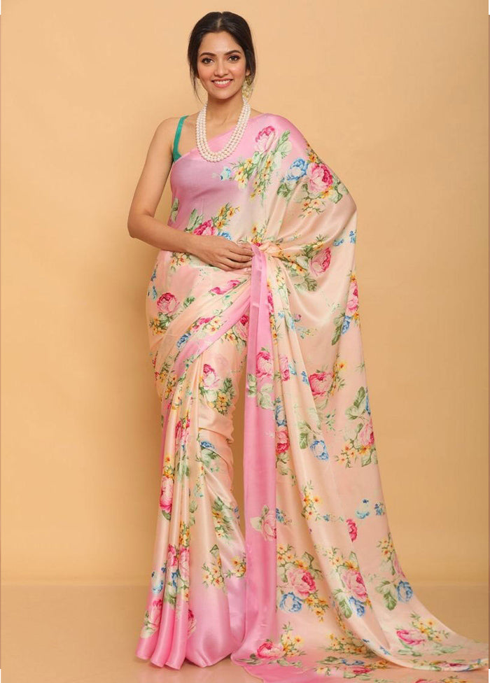 Pink Pure Satin Silk Saree With Blouse Piece - Indian Silk House Agencies