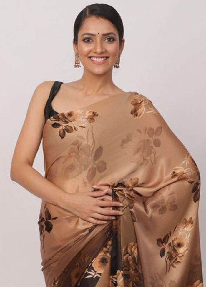 Coffee Pure Satin Silk Saree With Blouse Piece - Indian Silk House Agencies