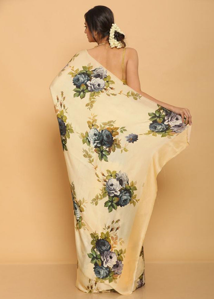 Cream Pure Satin Silk Saree With Blouse Piece - Indian Silk House Agencies