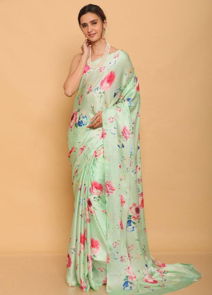 Sea Green Pure Satin Silk Saree With Blouse Piece - Indian Silk House Agencies