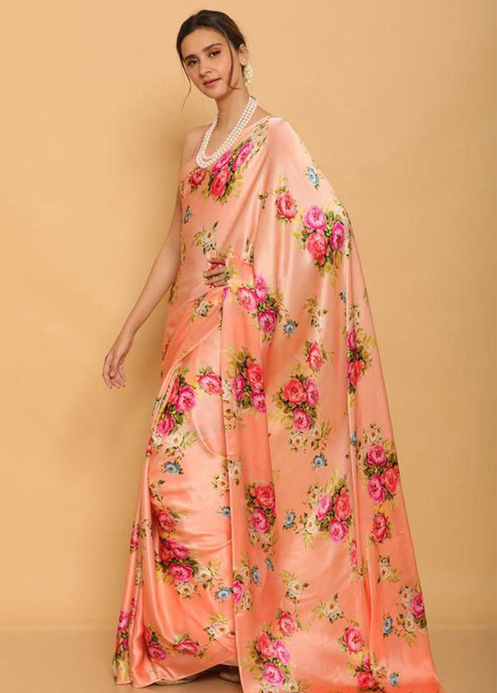 Peach Pure Satin Silk Saree With Blouse Piece - Indian Silk House Agencies