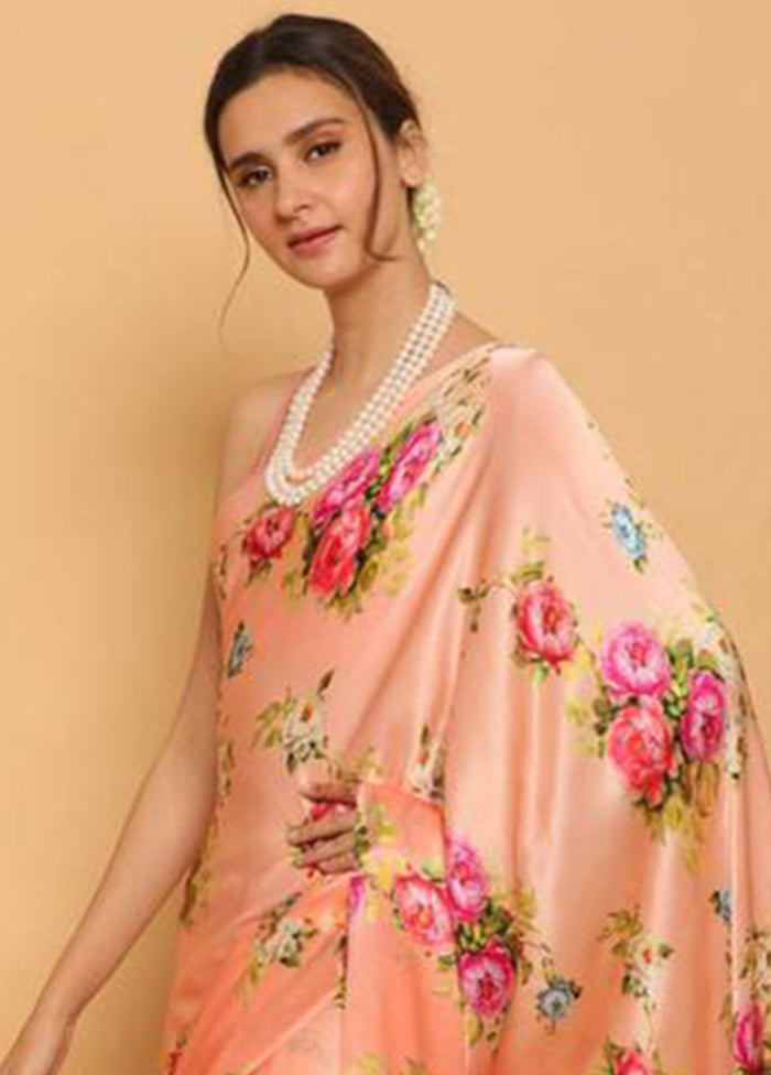 Peach Pure Satin Silk Saree With Blouse Piece - Indian Silk House Agencies