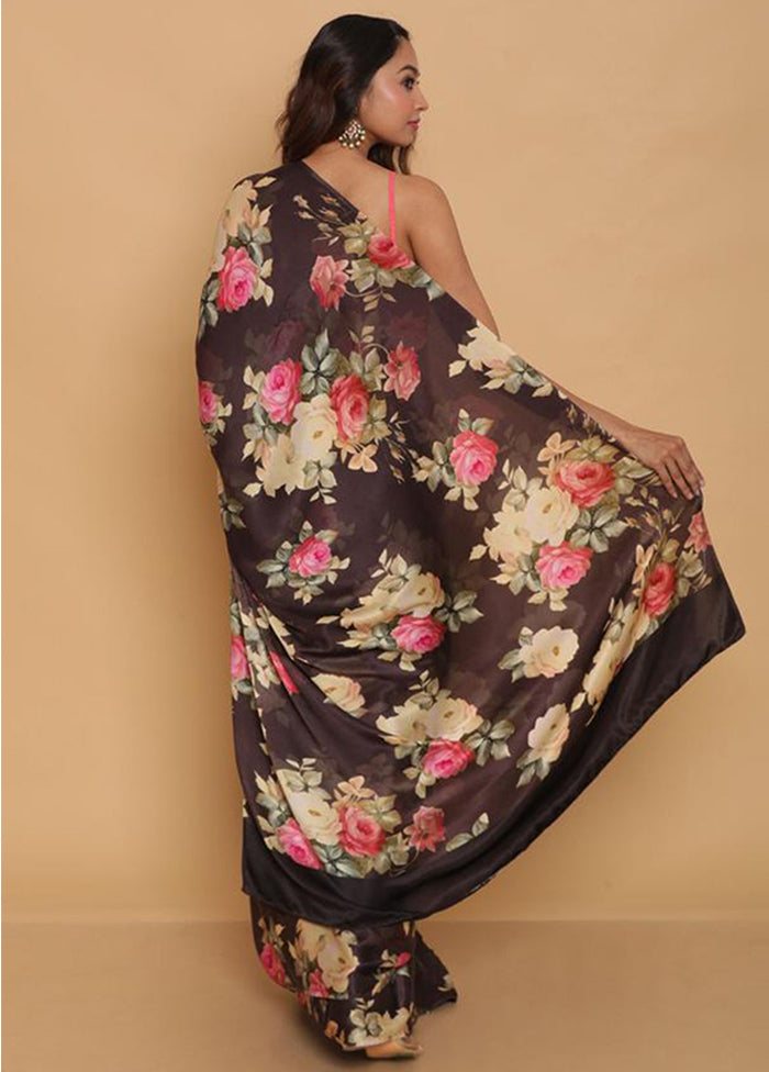 Black Pure Satin Silk Saree With Blouse Piece - Indian Silk House Agencies