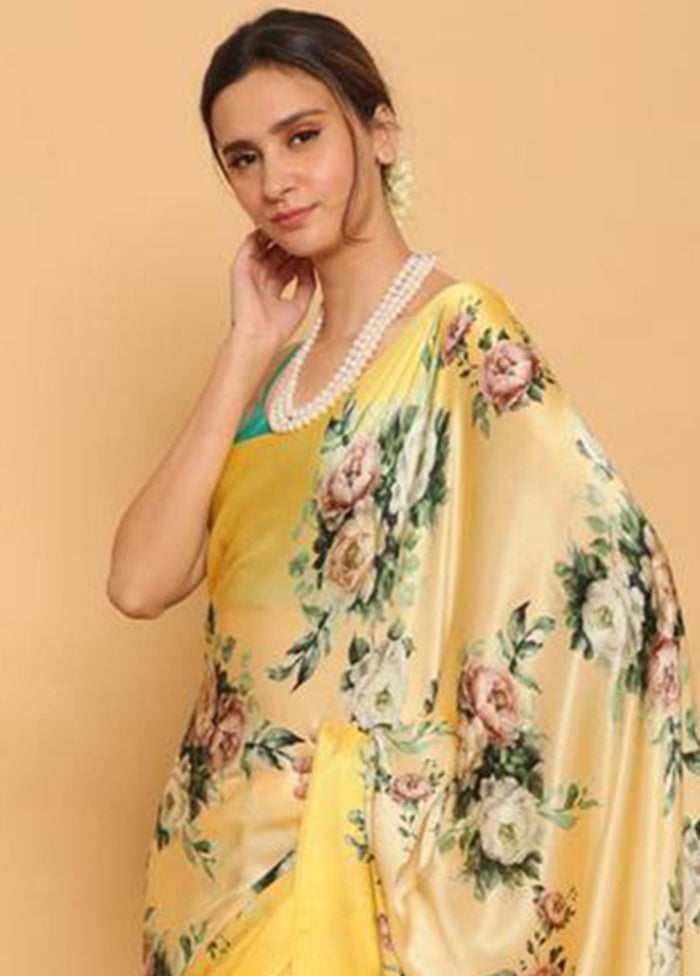 Yellow Pure Satin Silk Saree With Blouse Piece - Indian Silk House Agencies