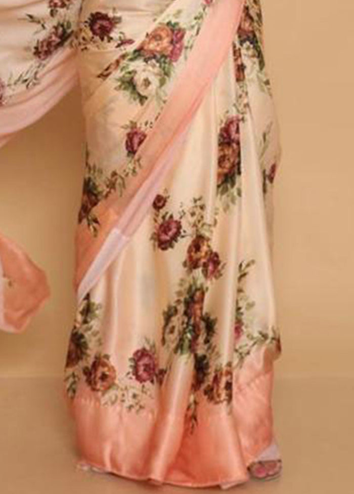 Peach Pure Satin Silk Saree With Blouse Piece - Indian Silk House Agencies