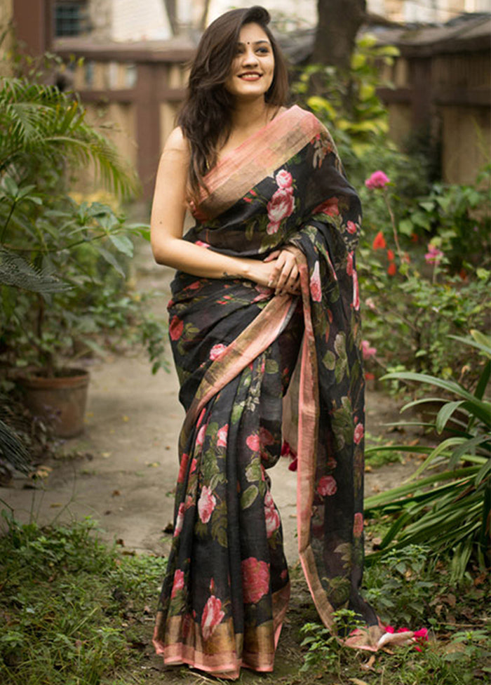 Black Slub Cotton Saree With Blouse Piece - Indian Silk House Agencies