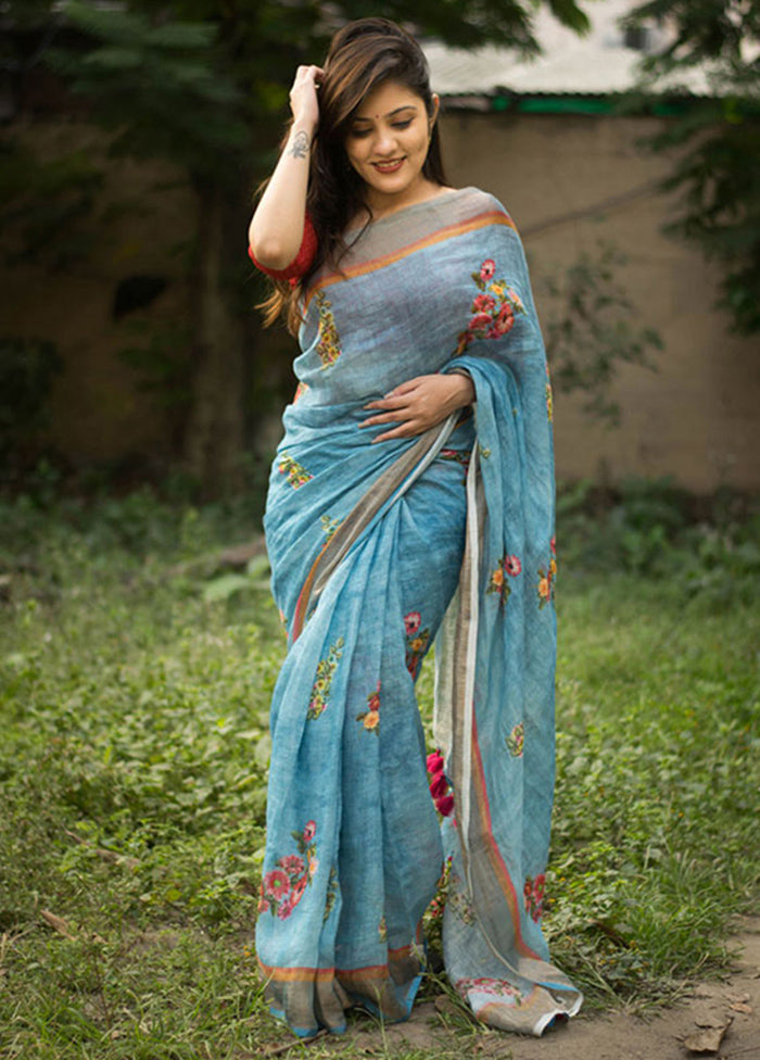 Blue Slub Cotton Saree With Blouse Piece - Indian Silk House Agencies