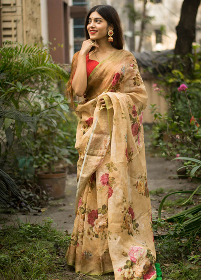 Beige Slub Cotton Saree With Blouse Piece - Indian Silk House Agencies