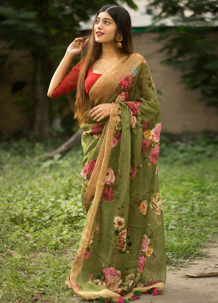 Green Slub Cotton Saree With Blouse Piece - Indian Silk House Agencies