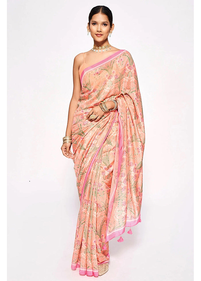 Peach Pure Pasmina Silk Saree With Blouse Piece - Indian Silk House Agencies