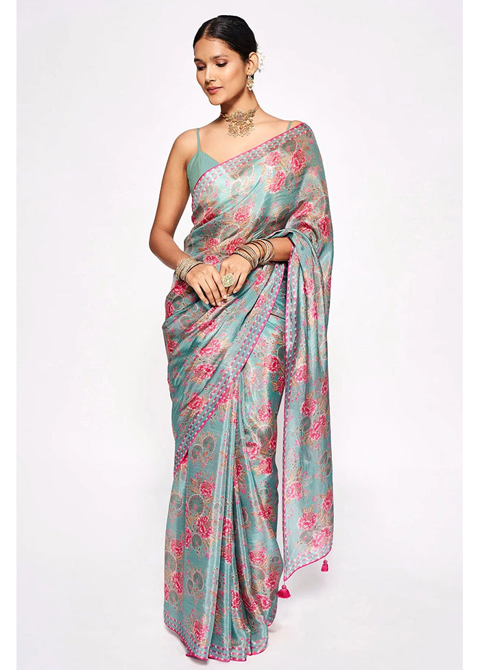 Teal Pure Pasmina Silk Saree With Blouse Piece - Indian Silk House Agencies