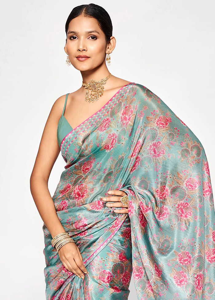 Teal Pure Pasmina Silk Saree With Blouse Piece - Indian Silk House Agencies