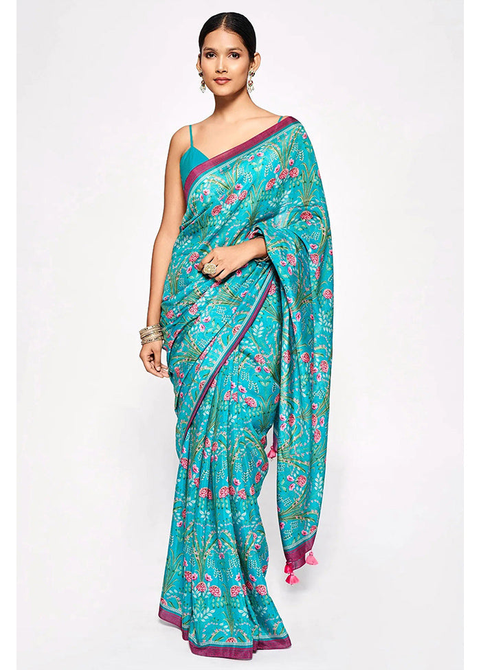 Turquoise Pure Pasmina Silk Saree With Blouse Piece - Indian Silk House Agencies