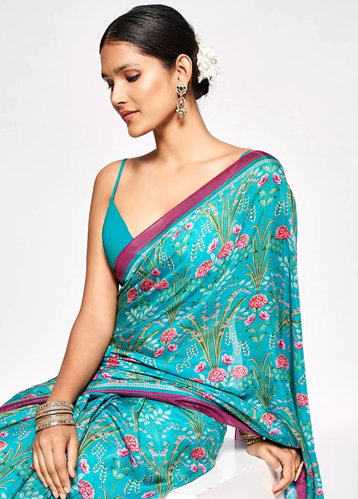 Turquoise Pure Pasmina Silk Saree With Blouse Piece - Indian Silk House Agencies