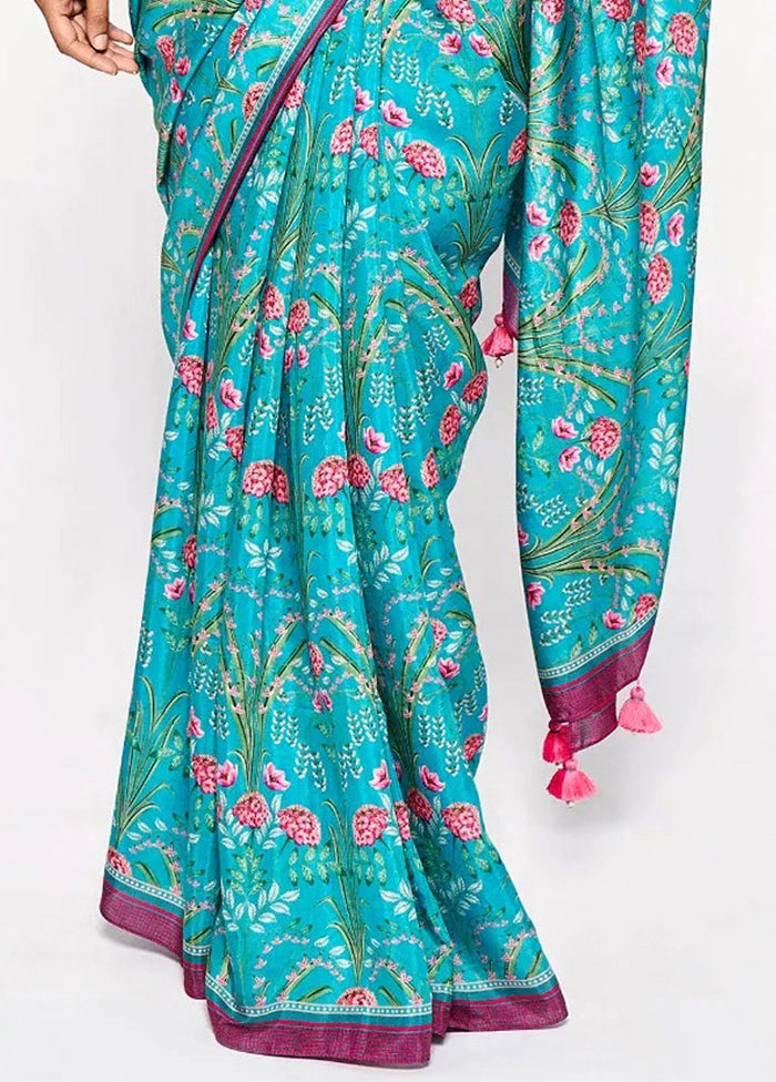 Turquoise Pure Pasmina Silk Saree With Blouse Piece - Indian Silk House Agencies