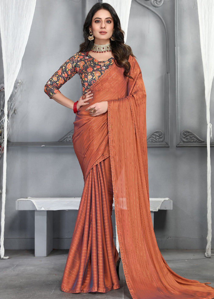 Orange Dupion Silk Saree With Blouse Piece - Indian Silk House Agencies