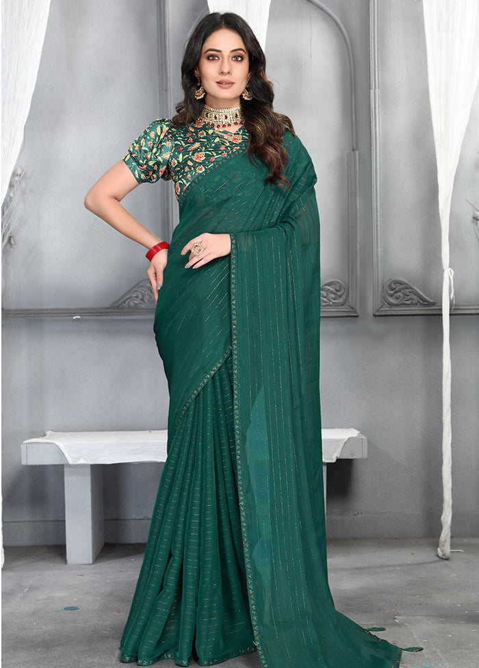 Bottle Green Dupion Silk Saree With Blouse Piece - Indian Silk House Agencies