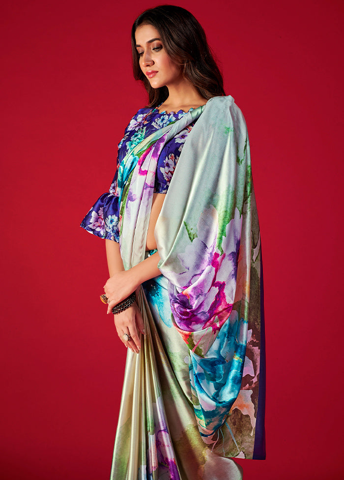 Multicolor Satin Silk Saree With Blouse Piece