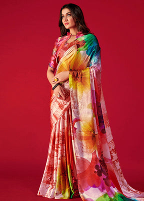 Multicolor Satin Silk Saree With Blouse Piece