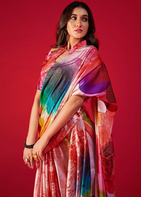 Multicolor Satin Silk Saree With Blouse Piece