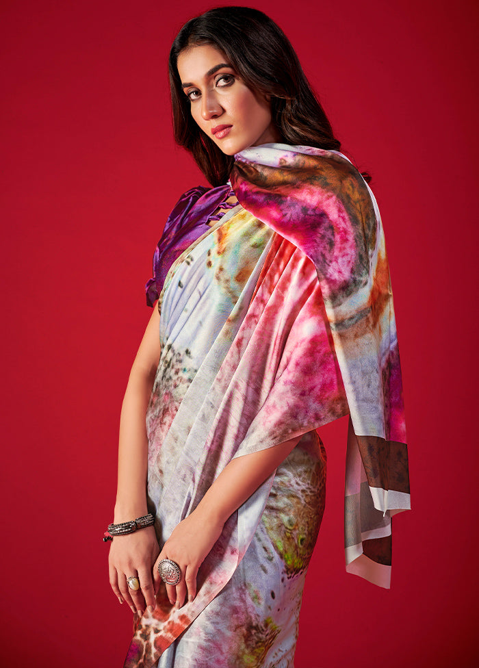 Multicolor Satin Silk Saree With Blouse Piece